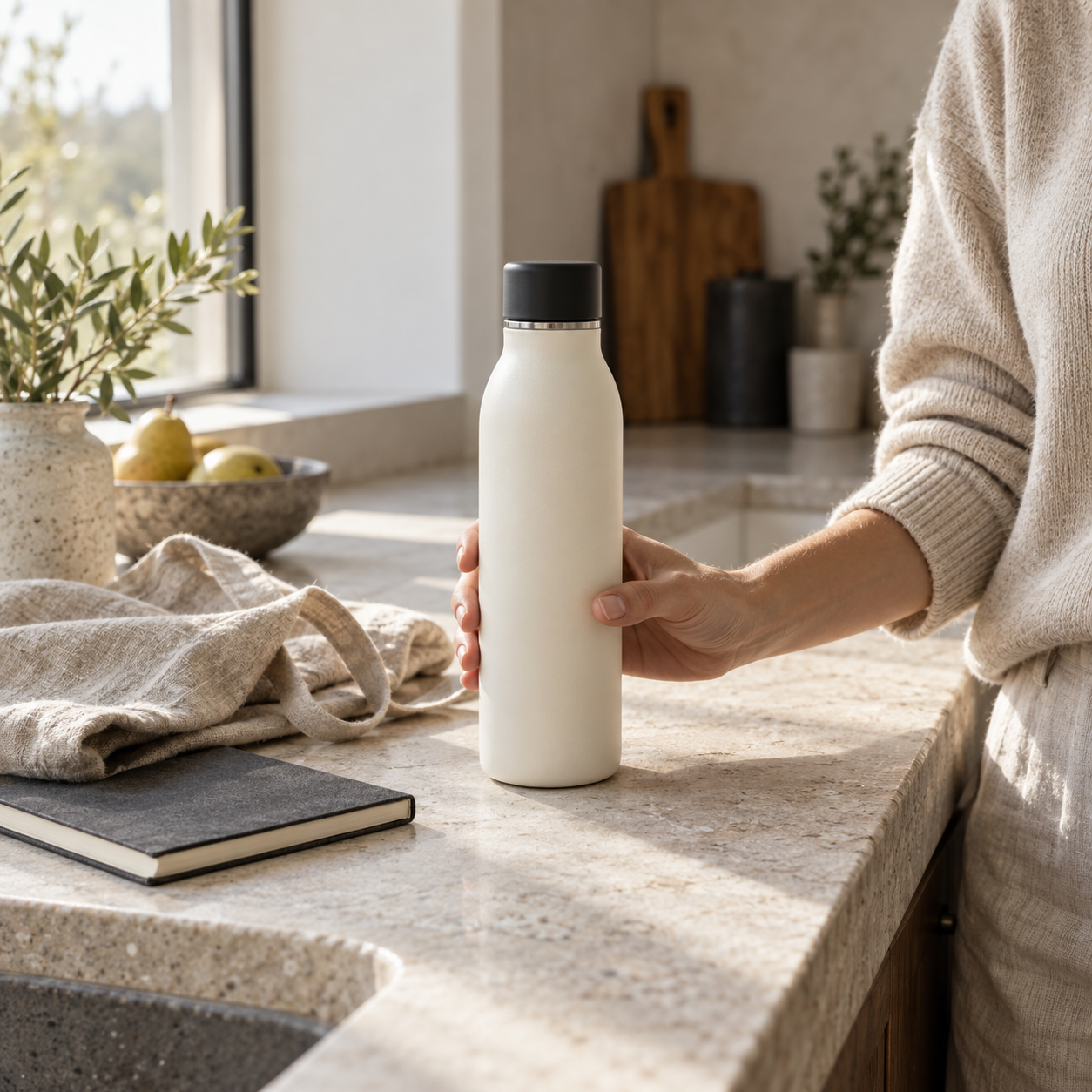 Une gourde crème prise en main dans une cuisine lumineuse