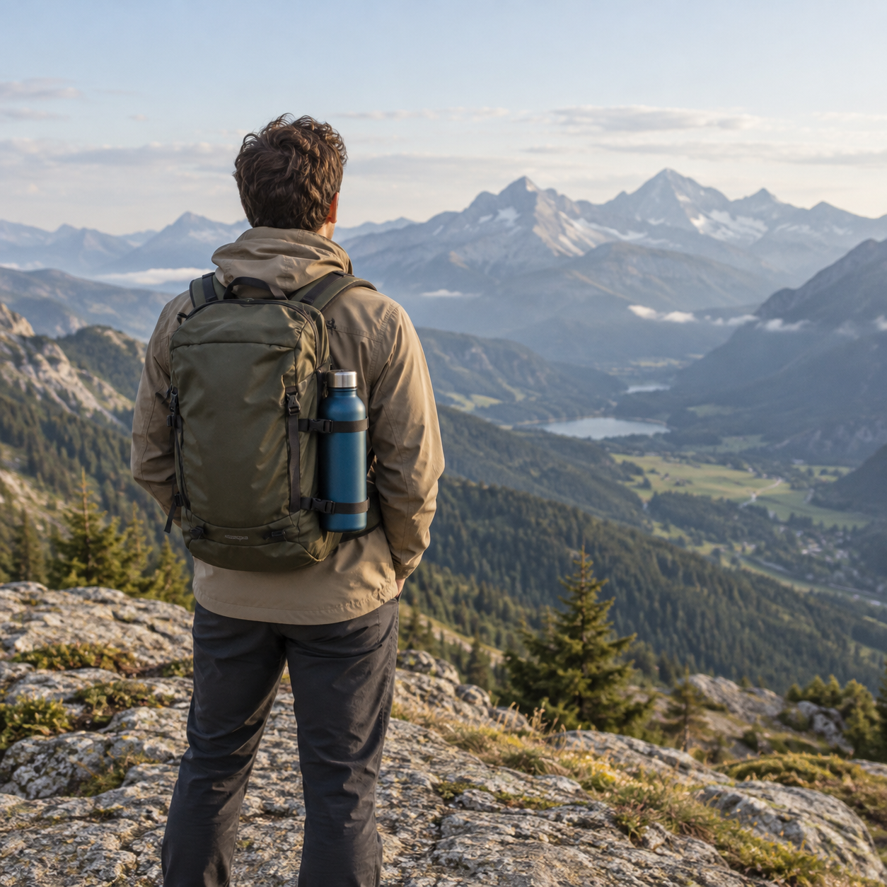 Un homme vu de dos contemple les montagnes, une gourde isotherme bleue fixée à son sac à dos