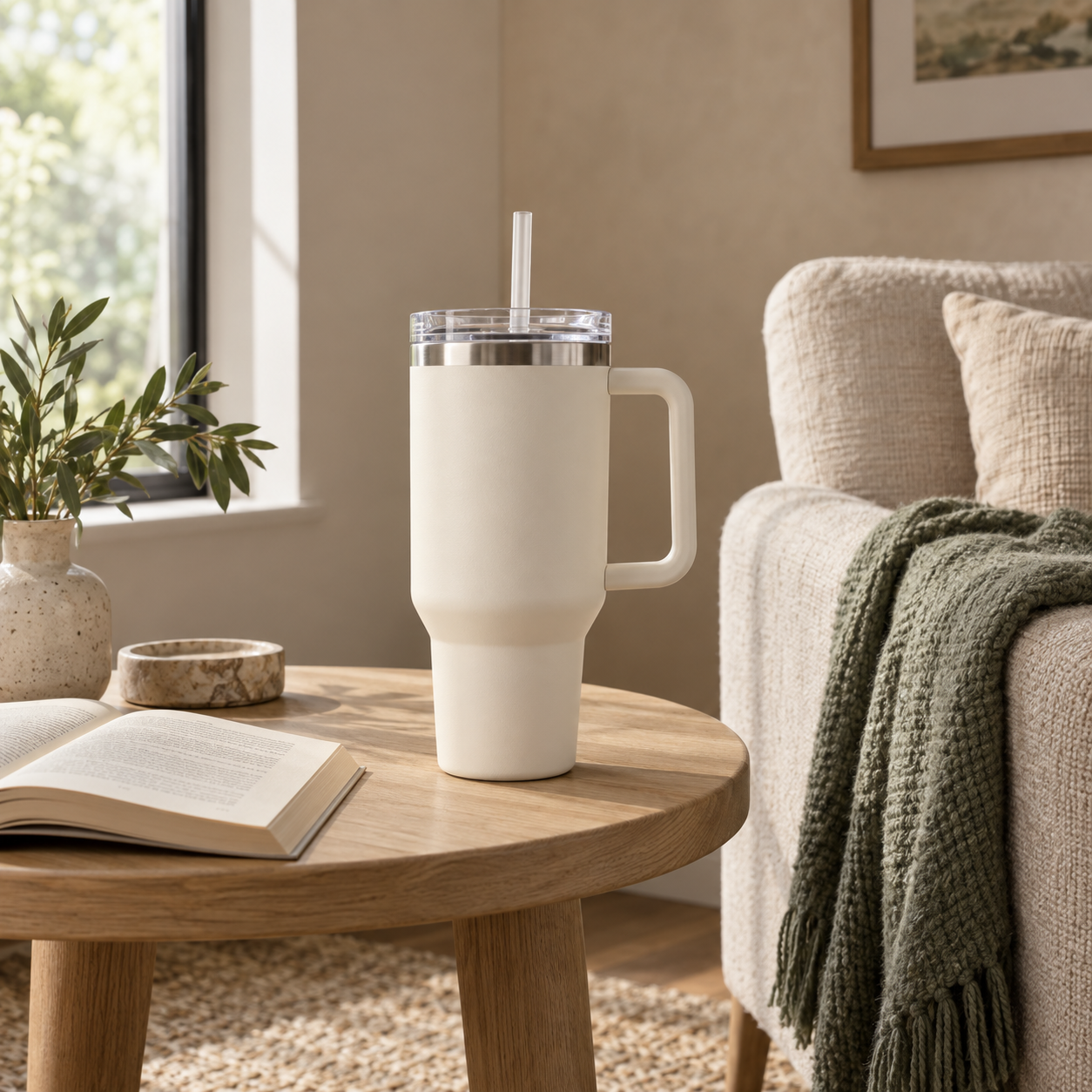 Gourde isotherme crème avec paille sur une table en bois, dans un coin lecture aux tons naturels